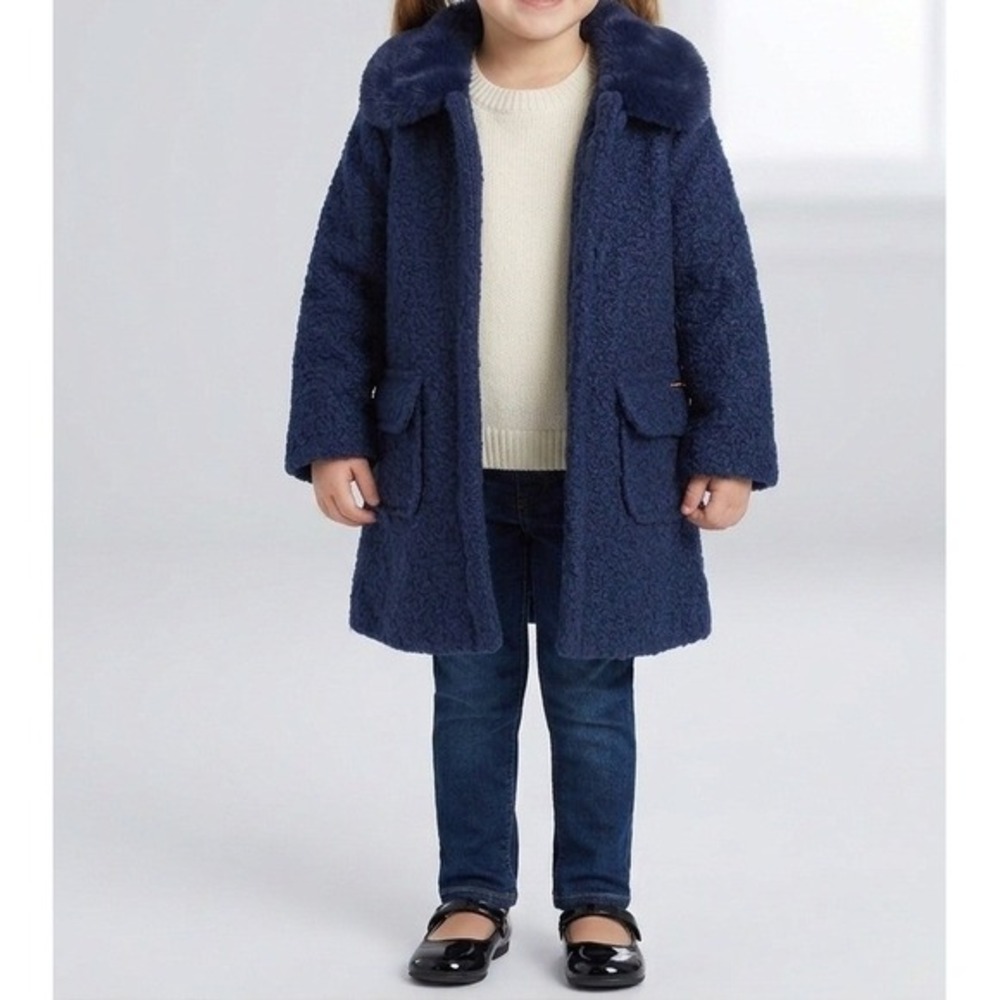Tahari Girl‎ Navy Blue Boucle Coat Faux Fur Collar Kids Size 5 NWT JBGU902